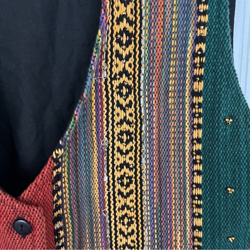 Vintage Funky Vest Woven Beaded Animal Print Ethnic Native Colorful Tuxedo Fit - Picture 4 of 7